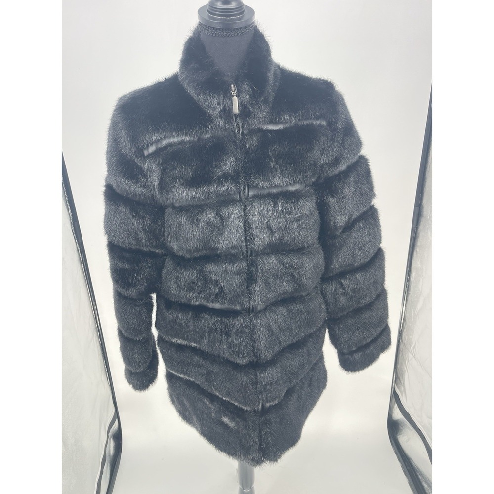 Pamela McCoy Faux Fur Black Jacket Coat Satin Lining Womens XS full zip